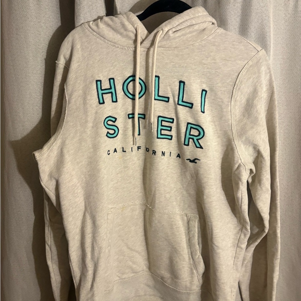 Hollister Men's Beige Hoodie with Teal Accents